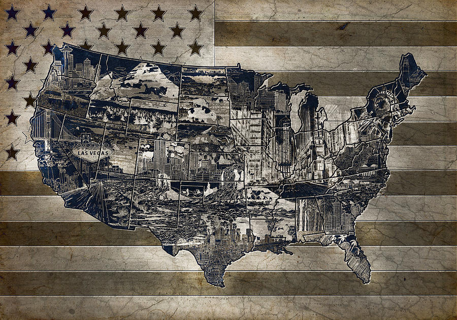 United States Flag Map Vintage 4 Painting by Bekim M