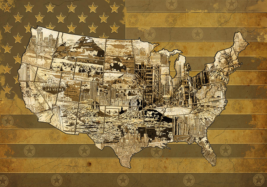 United States Flag Map Vintage Painting by Bekim M