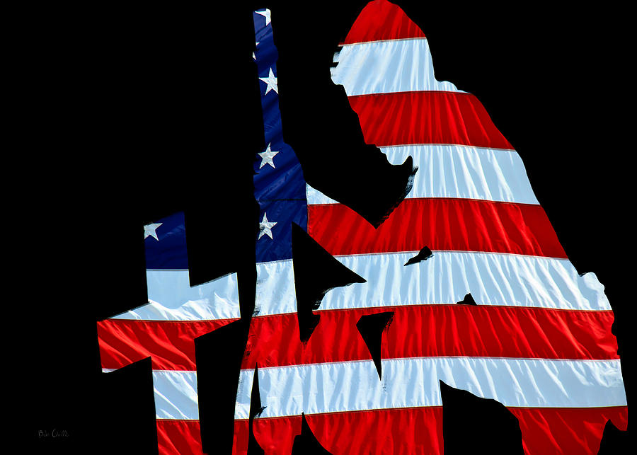A Time To Remember United States Flag with kneeling Soldier silhouette Photograph by Bob Orsillo