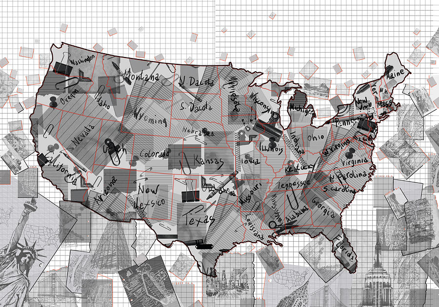 Abstract Digital Art - United States Map Collage 3 by Bekim M