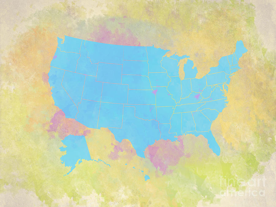 United States Map - cyan and watercolor Digital Art by Paulette B Wright