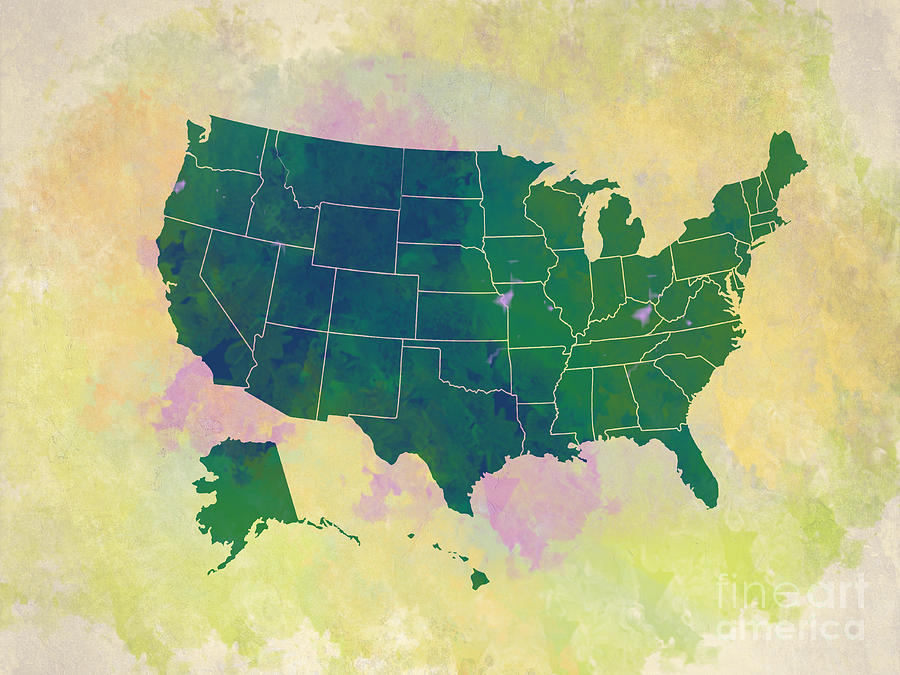 United States Map - green and watercolor Digital Art by Paulette B Wright