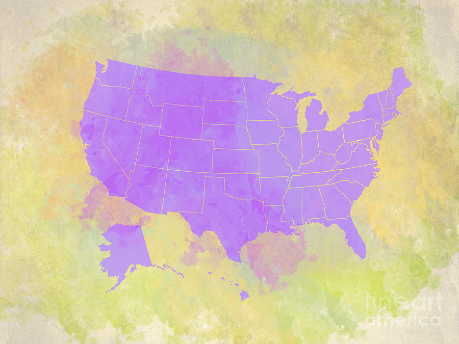 Map Digital Art - United States Map - violet and watercolor by Paulette B Wright