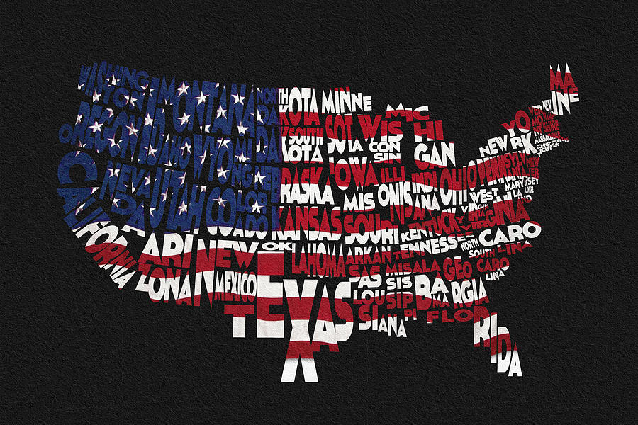 United States Typographic Map Flag - Black Background Digital Art by Inspirowl Design