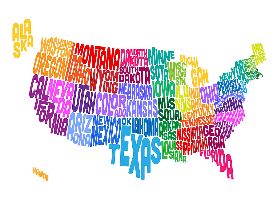 Usa Map Digital Art - United States Typography Text Map by Michael Tompsett