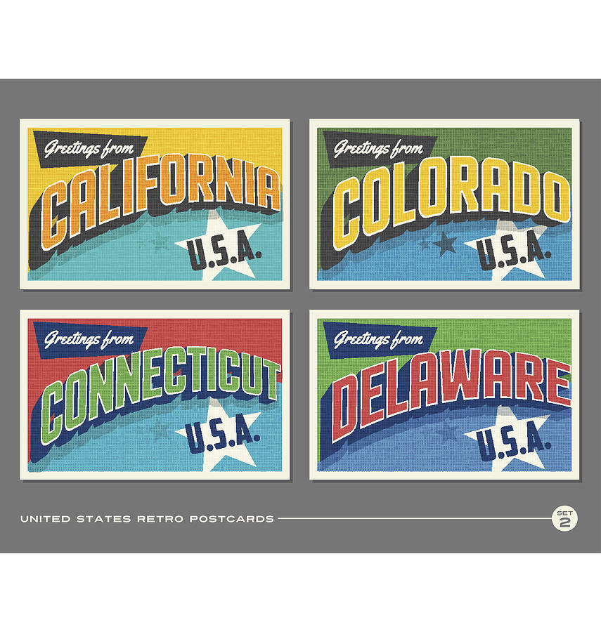 United States vintage typography postcards featuring California, Colorado, Connecticut, Delaware Drawing by 271221