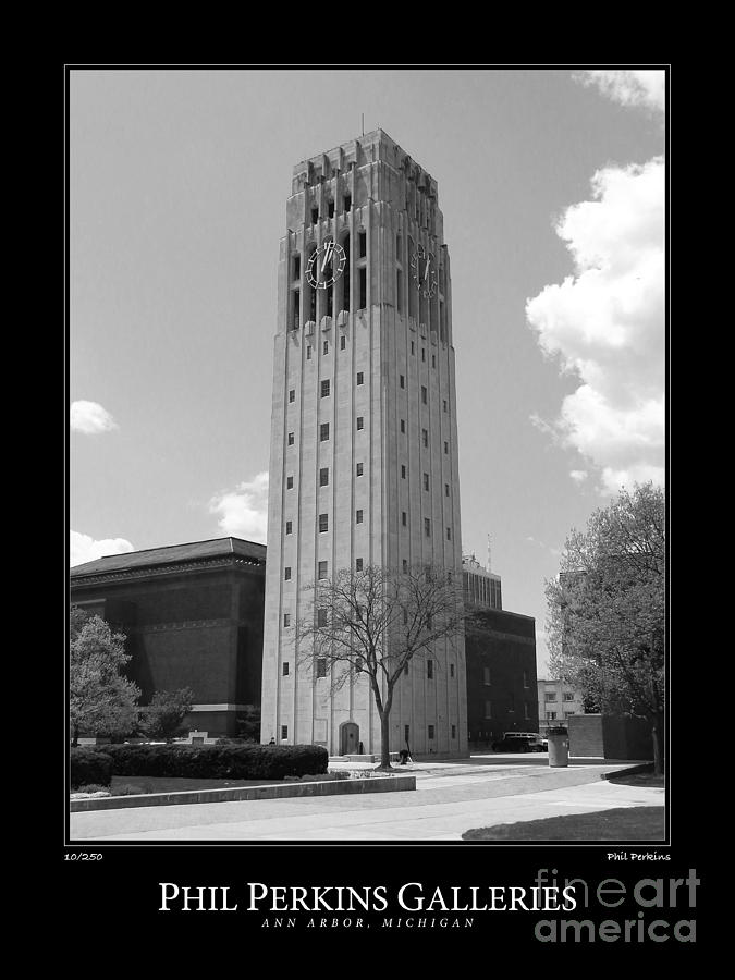Black And White Photograph - University of Michigan Clock Tower 1 by Phil Perkins