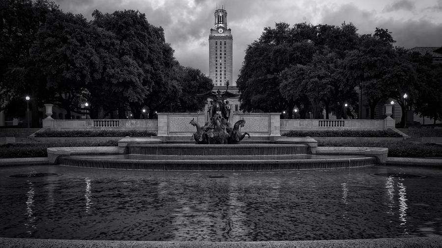 University Photograph - University of Texas Icons BW by Joan Carroll
