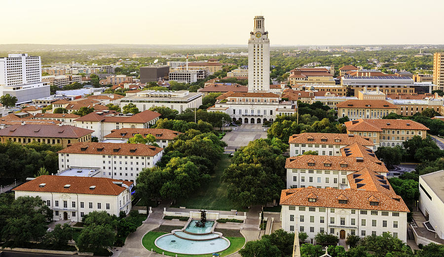 University of Texas (UT) Austin campus at sunset aerial view Photograph by Dszc