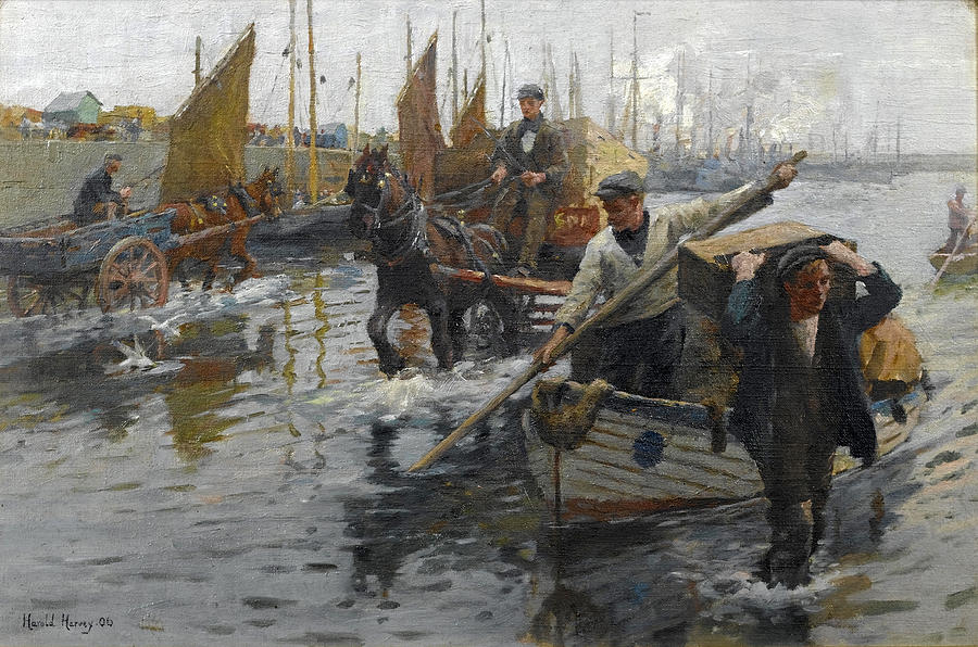 Unloading the boats. Newlyn Harbour Painting by Harold Harvey
