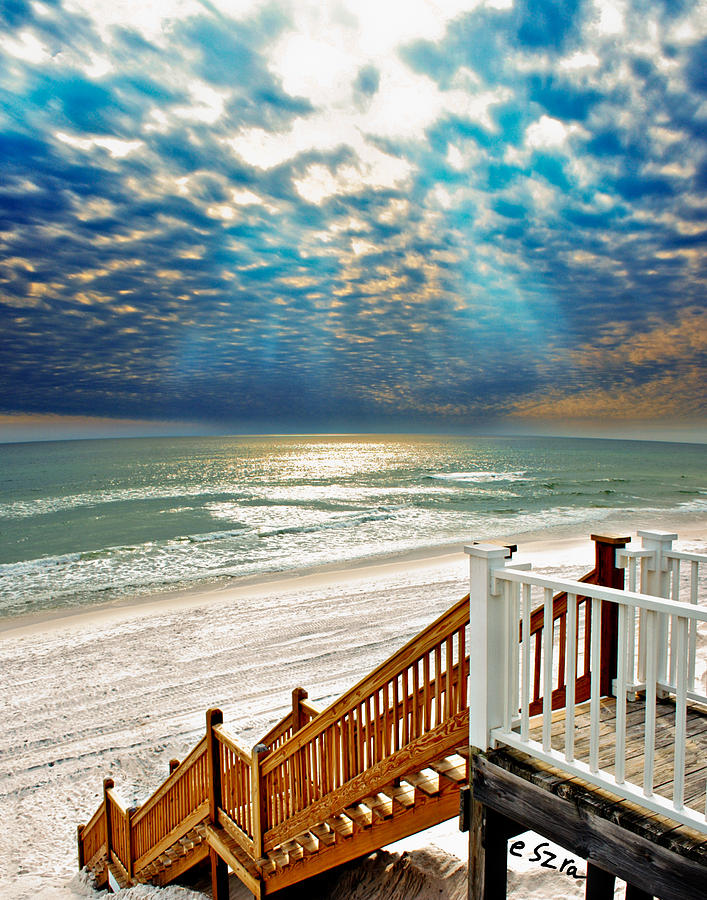 Rosemary Seaside Beach Florida Staircase White Sand Blue Clouds Art Photograph by Eszra