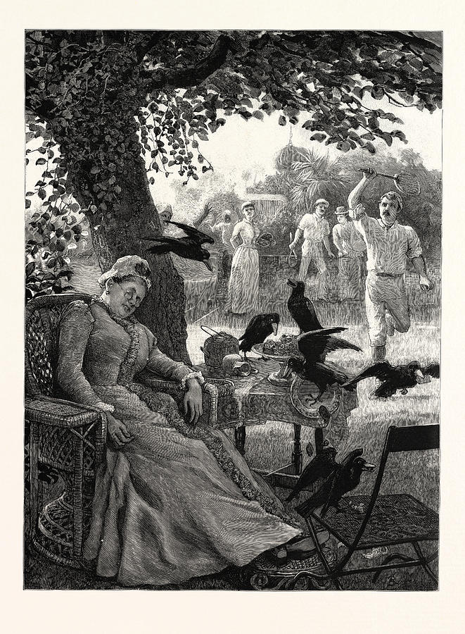 Tennis Drawing - Unwelcome Visitors Crows At A Tennis Party In India by English School