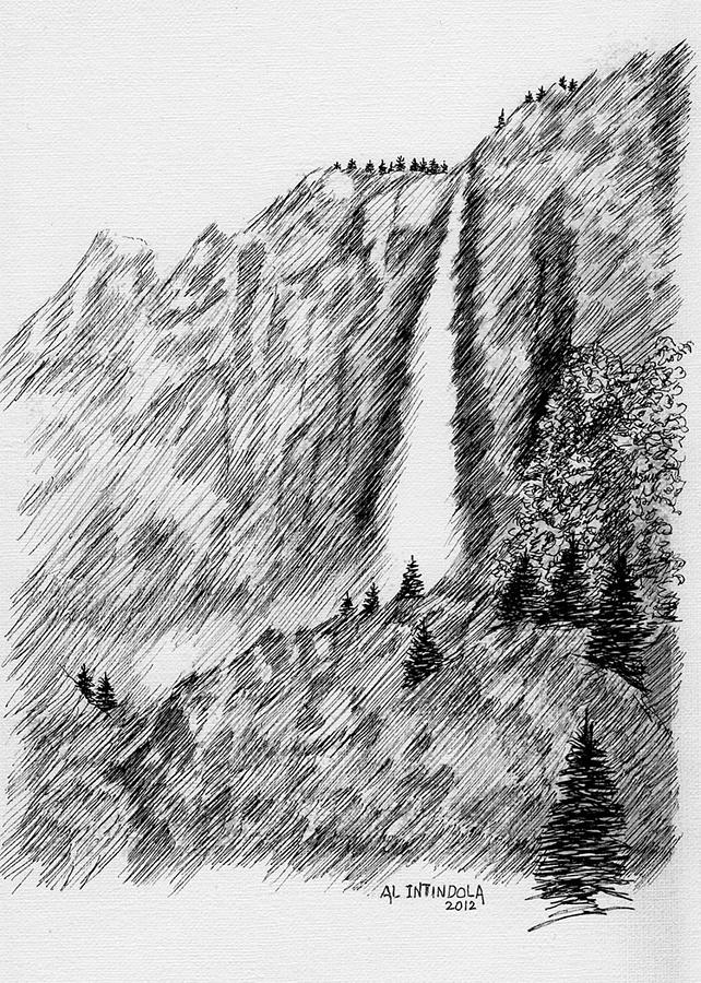 upper falls in Yosemite Drawing by Al Intindola