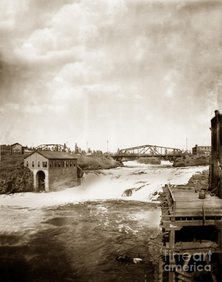 Bridge Photograph - Upper Falls with Railroad Bridge Spokan Washington circa 1910 by Monterey County Historical Society