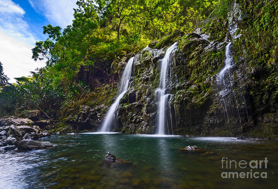 Waterfall Photograph - Upper Waikani Falls - the stunningly beautiful Three Bears found in Maui. by Jamie Pham
