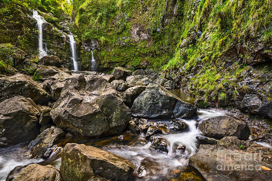 Waterfall Photograph - Upper Waikani Falls - the stunningly beautiful Three Bears in Maui. by Jamie Pham