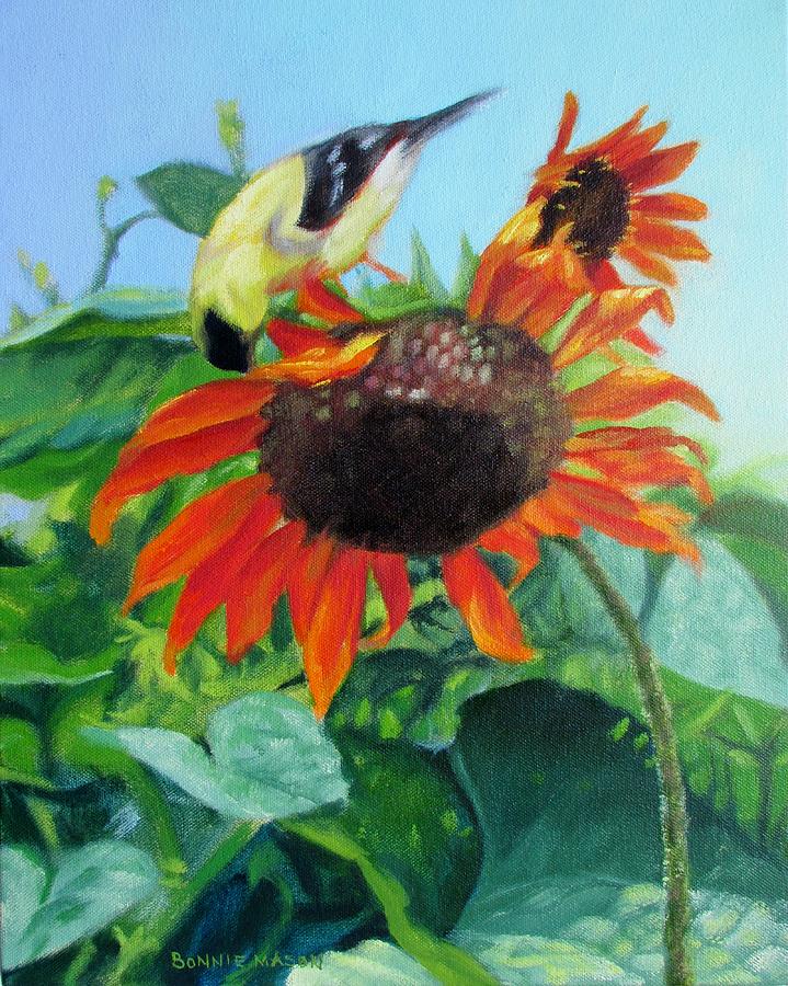 Sunflower Painting - Upside Down Delight-Goldfinch on Sunflower by Bonnie Mason