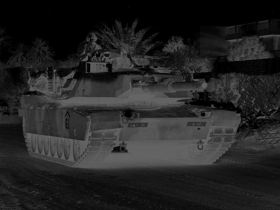 Urban Night Patrol Black and White M1 Abrams Tank Photograph by L Brown