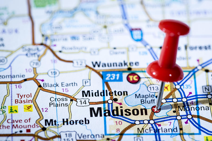 US capital cities on map series: Madison, Wisconsin, WI Photograph by Ilbusca