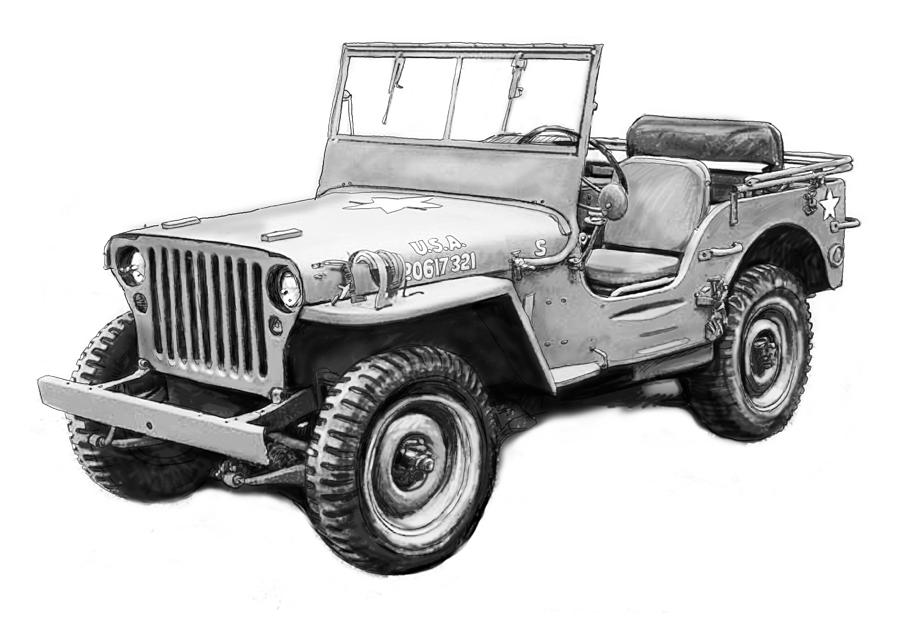 Portrait Painting - Us classical jeep car in world 2 drawing art poster by Kim Wang