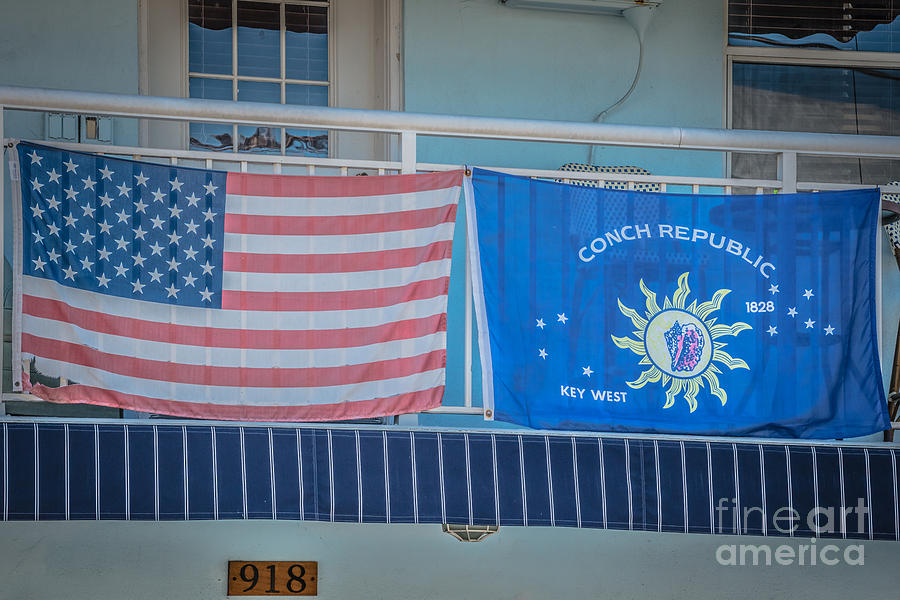 Flag Photograph - US Flag and Conch Republic Flag Key West - HDR Style by Ian Monk