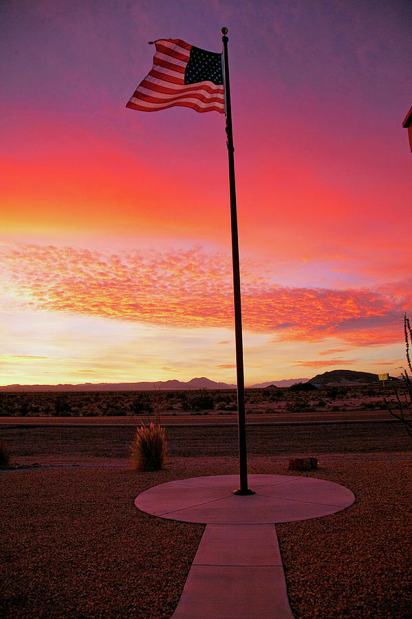 Us Flag Flies At Sunrise In Orange Photograph by Panoramic Images