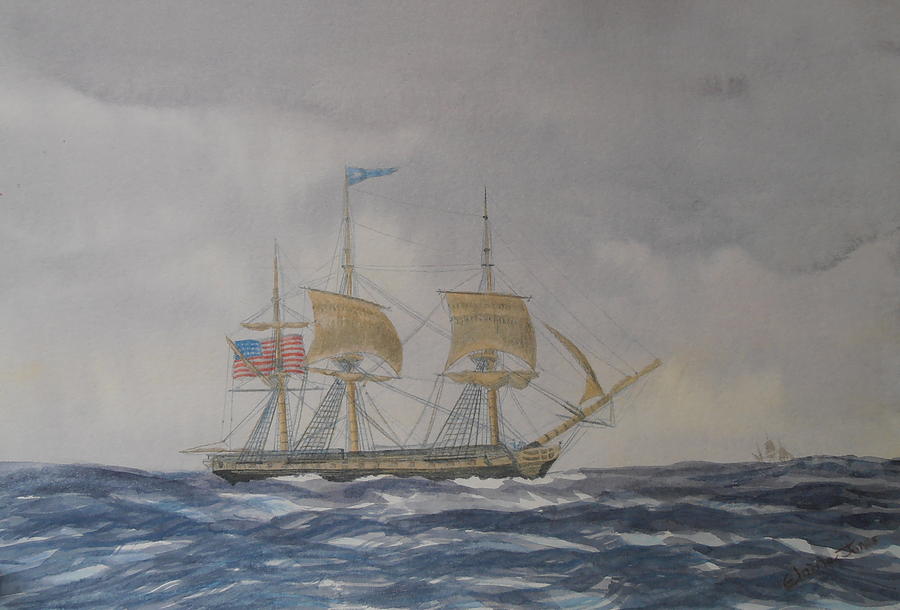 US Frigate Gives Chase In Stormy Weather Painting by Elaine Jones