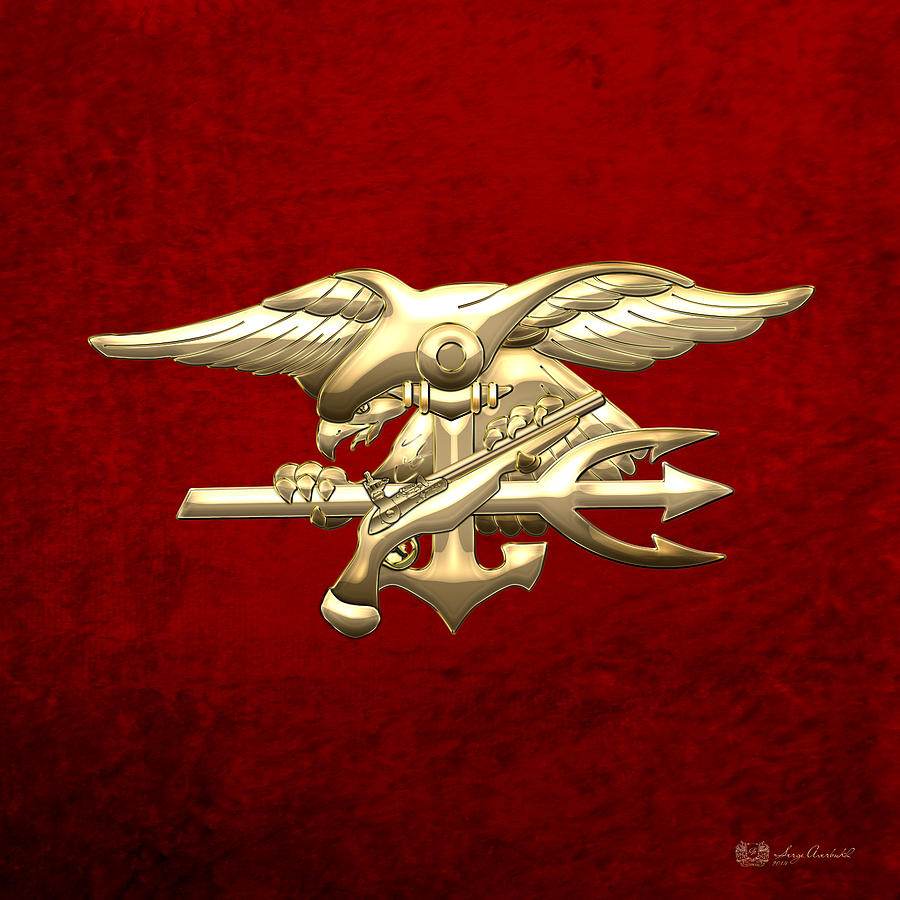 U. S. Navy S E A Ls Emblem on Red Velvet Digital Art by Serge Averbukh