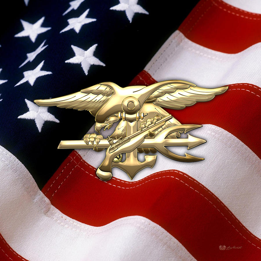 U. S. Navy S E A Ls Emblem over American Flag Digital Art by Serge ...