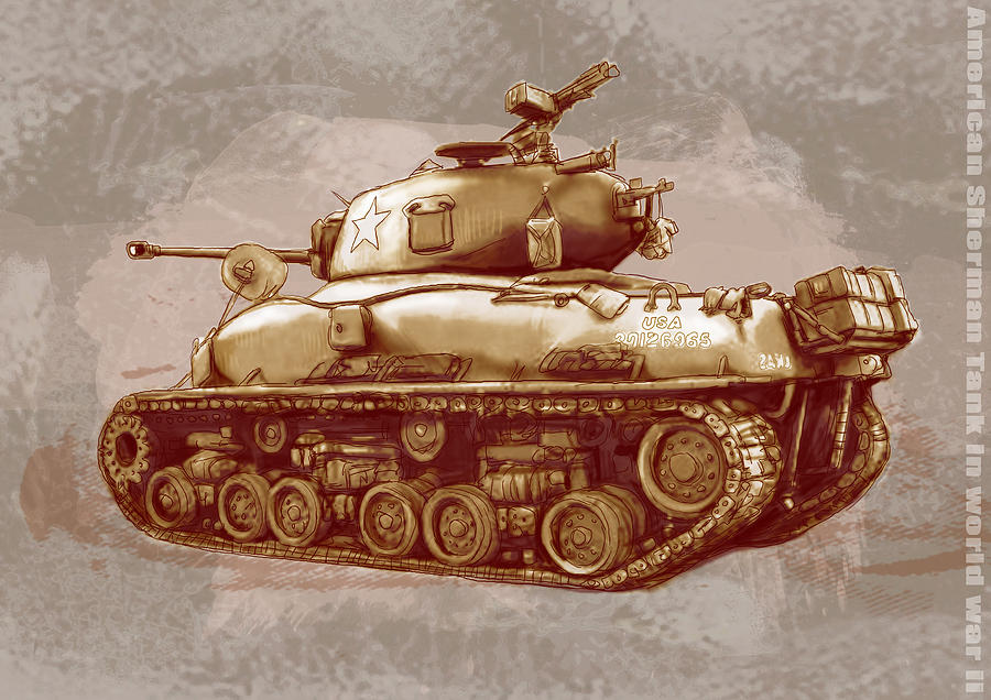US Sherman tank in world war 2 - Stylised modern drawing art sketch. 