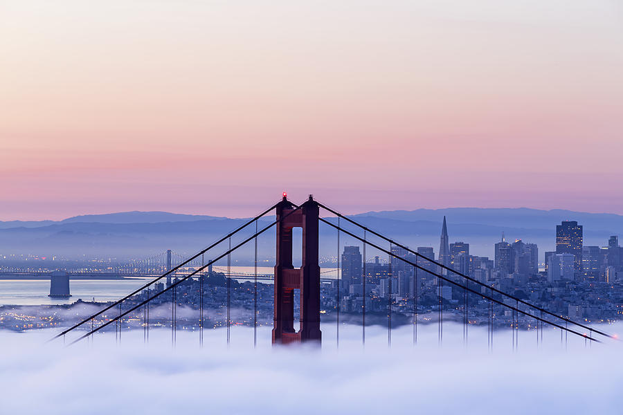 USA, California, San Francisco, skyline and Golden Gate Bridge in fog seen from Hawk Hill Photograph by Westend61