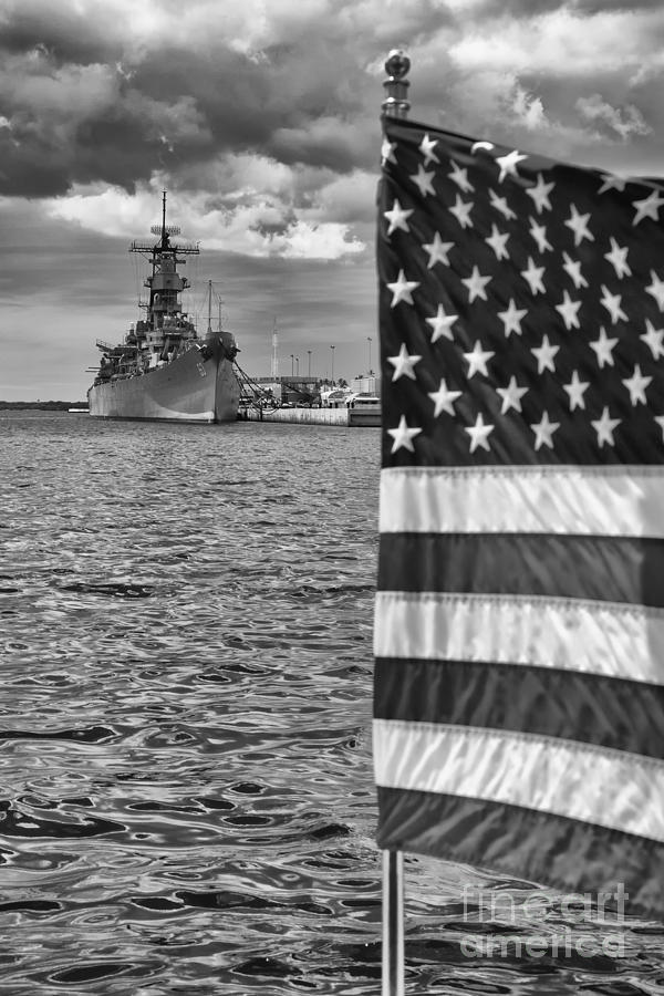 USA Flag at Pearl Harbor mono Photograph by Kate McKenna