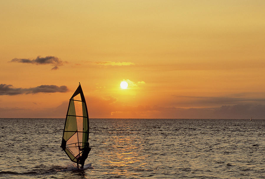 Nature Photograph - USA, Maui, Hawaii, Sunset, Windsurfing by Gerry Reynolds