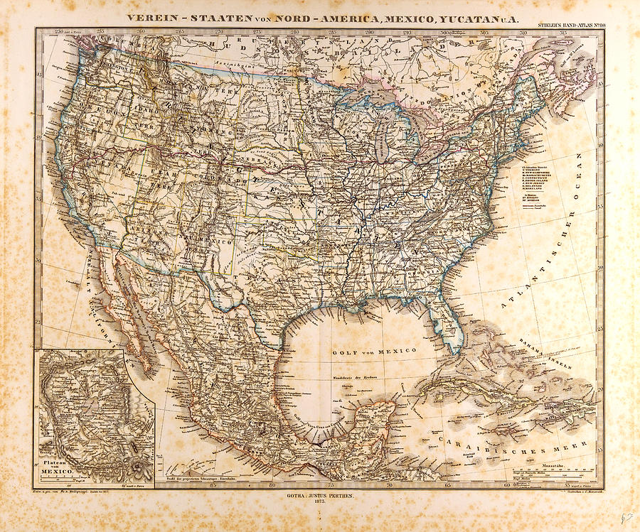 U.s.a. Mexico Gotha 1872 Justus Perthes Atlas Map Drawing by Mexican School