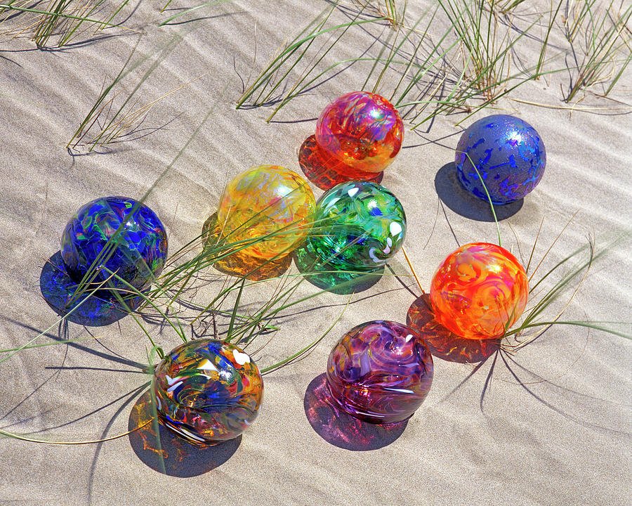 Beach Photograph - USA, Oregon Colorful Glass Floats by Jaynes Gallery