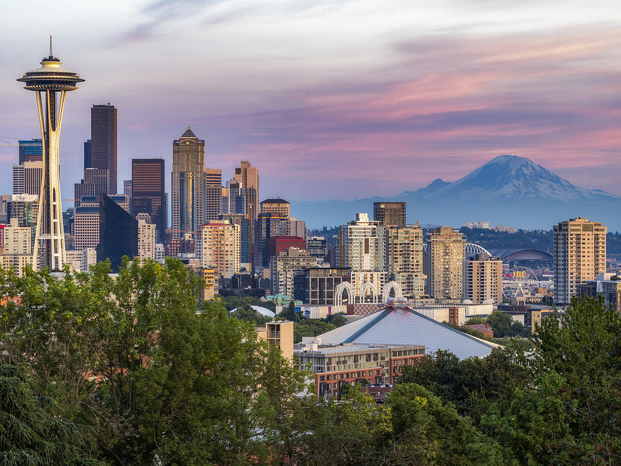 USA, Washington State, Seattle skyline and Mount Rainier Photograph by Chinaface