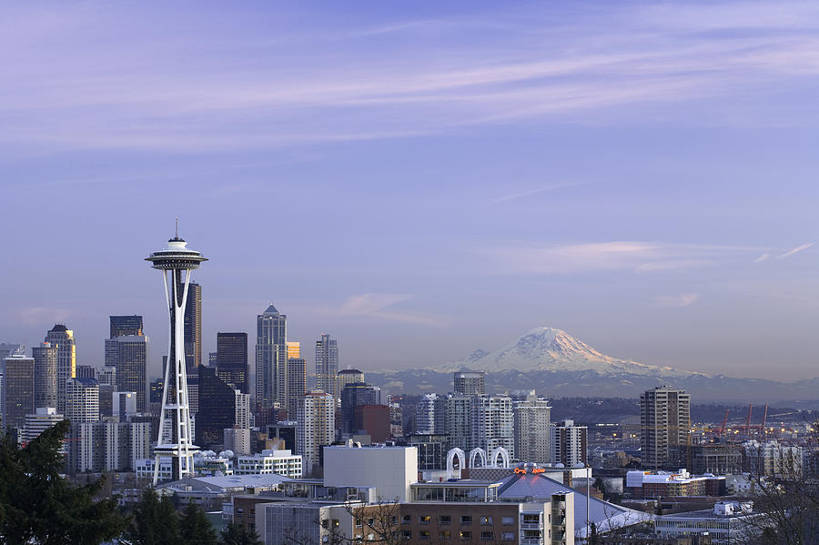 USA, Washington State, Seattle skyline and Mount Rainier Photograph by Philip Kramer