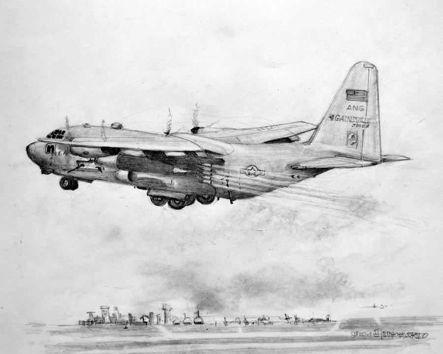Ac-130 Drawing - USAF AC-130 Hercules Gunship by Jim Hubbard