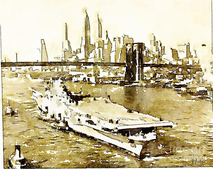 USS Tarawa NYC and Brooklyn Bridge Painting by HELGE Art Gallery
