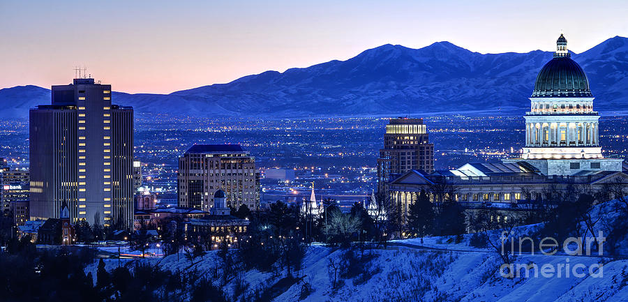 Utah Capitol and Oquirrh Mountains Winter Sunset Photograph by Gary Whitton