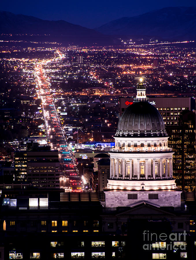 Utah Capitol and State Street at Night Photograph by Gary Whitton