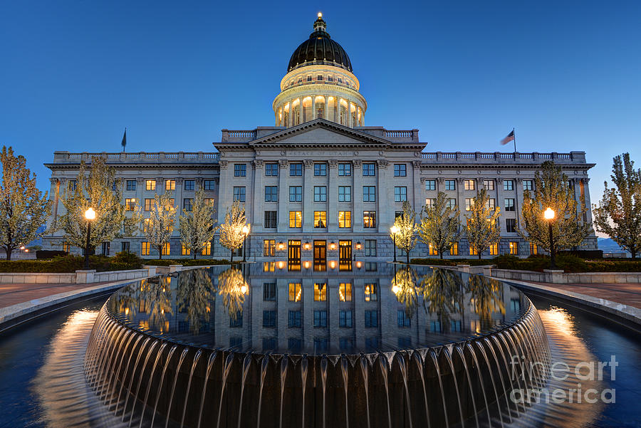 Utah State Capitol in Reflecting Fountain at Dusk Photograph by Gary Whitton