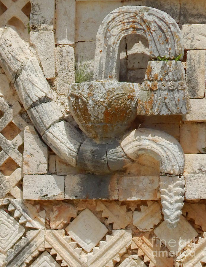 Uxmal The Nunnery Facade Detail Of Lotus Flower Upon The Snake Yucatan Mexico Photograph by Michael Hoard