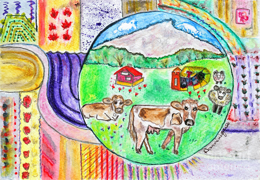 Nature Painting - Vaches et moutons / Cows and Sheeps by Dominique Fortier