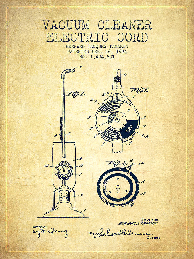 Vintage Digital Art - Vacuum Cleaner Electric Cord patent from 1924 - Vintage by Aged Pixel