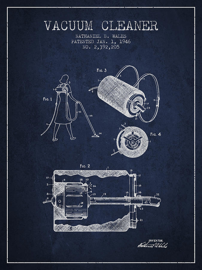 Vintage Digital Art - Vacuum Cleaner patent from 1946 - Navy Blue by Aged Pixel