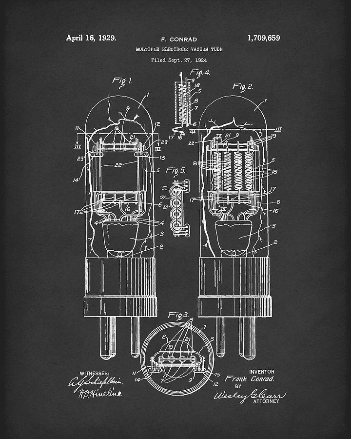 Conrad Drawing - Vacuum Tube 1929 Patent Art Black by Prior Art Design