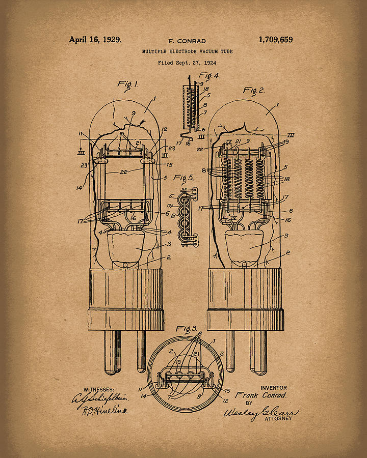 Conrad Drawing - Vacuum Tube 1929 Patent Art Brown by Prior Art Design