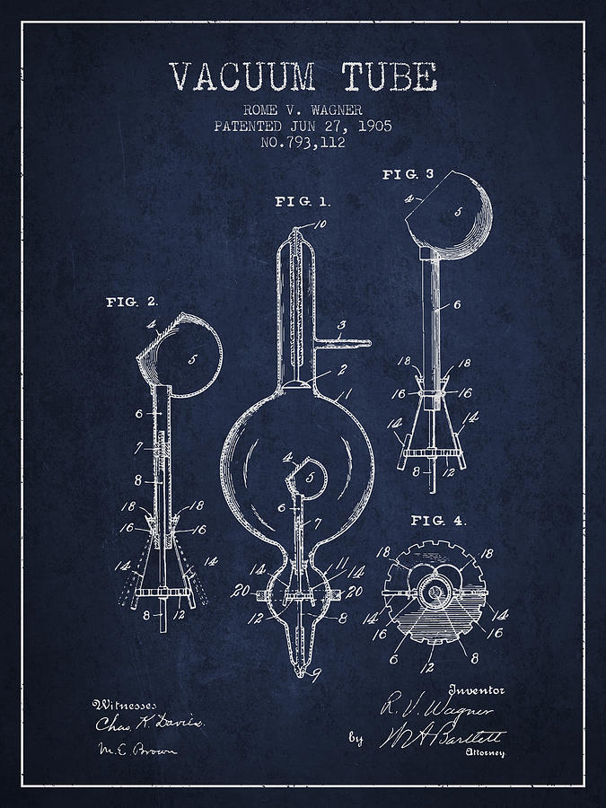 Vintage Digital Art - Vacuum Tube Patent From 1905 - Navy Blue by Aged Pixel