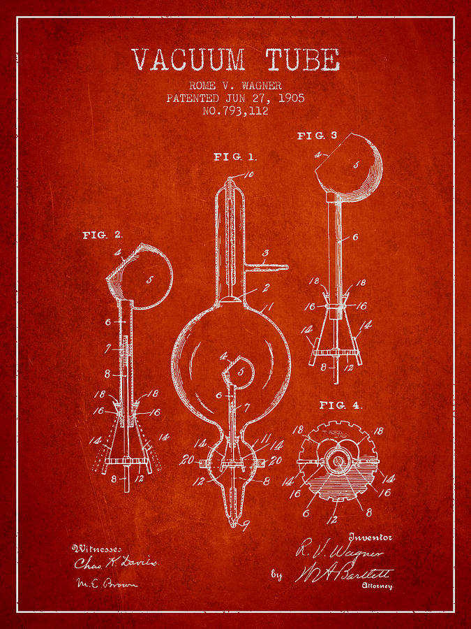 Vintage Digital Art - Vacuum Tube Patent From 1905 - Red by Aged Pixel